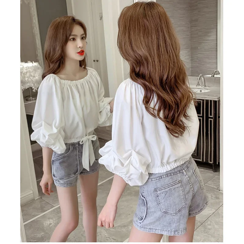 

Summer New Casual Pullovers Office Lady Puff Sleeve Shirt Sweet Loose Bandage Bow Folds Shirring Blouse Women's Clothing 2025