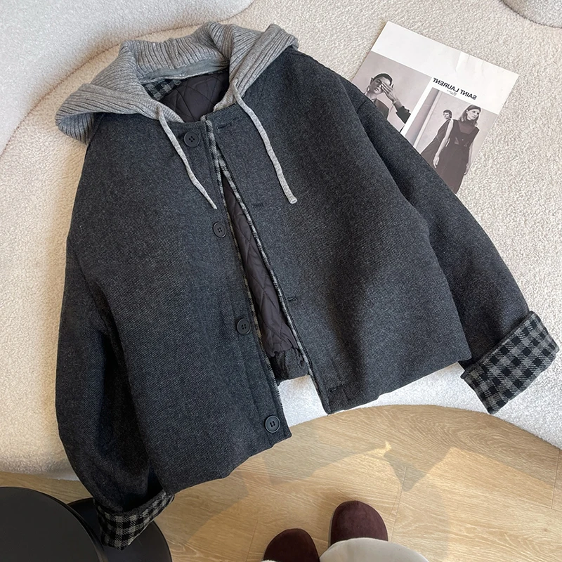 

Grey Plaid Patchwork Hooded Woolen Coats for Women Korean Casual Single Breasted Wool Jacket Autumn Winter Loose Outerwears