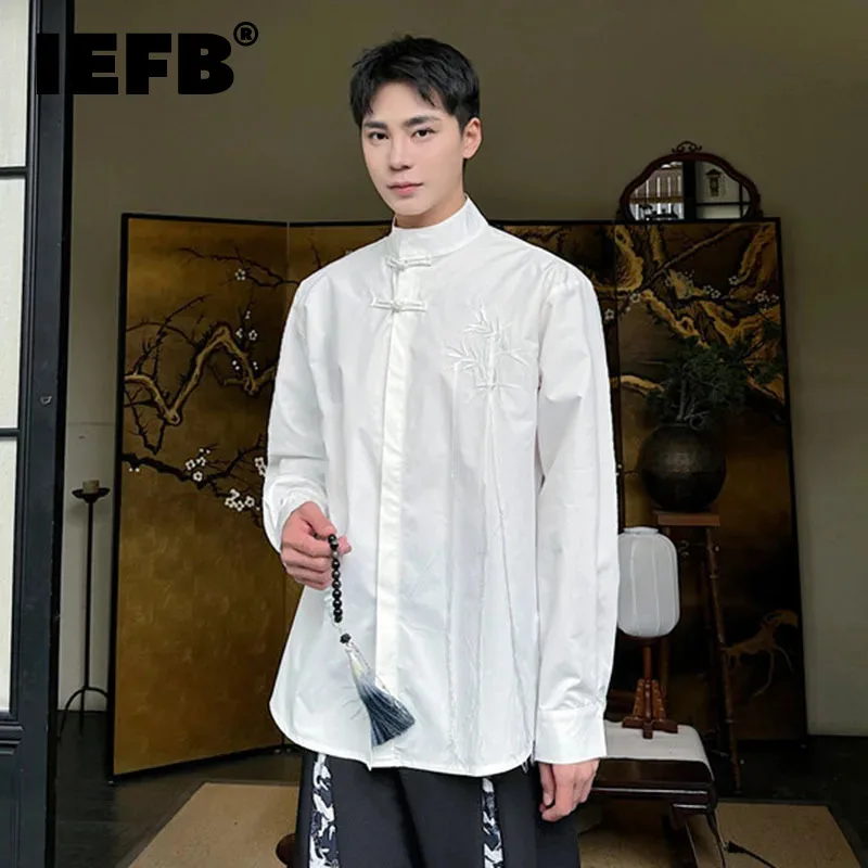 

IEFB Chic Men's Long Sleeve Shirt New Chinese Embroidery Floating Wadding Decoration Trendy Summer Stand Collar Shirts C5595