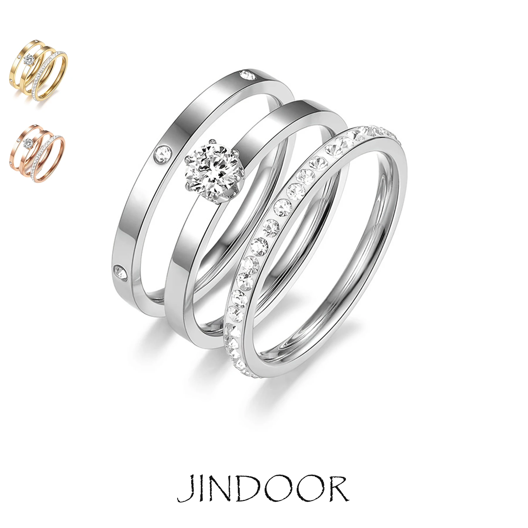 JINDOOR Stainless Steel Titanium Rings Set for Women, 3-Piece Zirconia Stone Stackable Band, Fashion Jewelry, Tarnish-Free