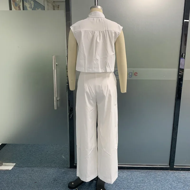 Two Piece Set Women Outfit Solid Casual Lapel Short Sleeve Crop Shirt & High Waist Pocket Design Pants Set 2023 Summer Fashion