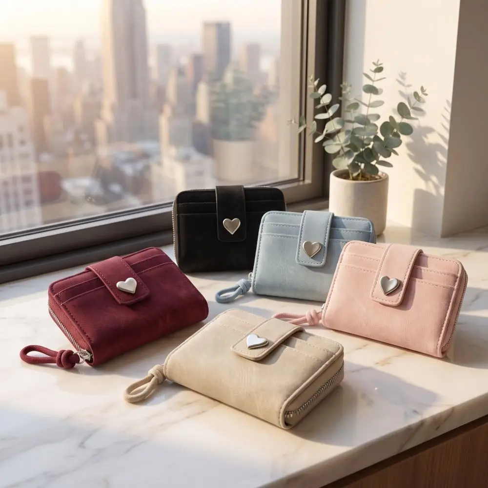 PU Leather Short Wallet Multiple Card Slots Heart Buckle Coin Purse Solid Color Folding Design Money Pouch Pocket Women