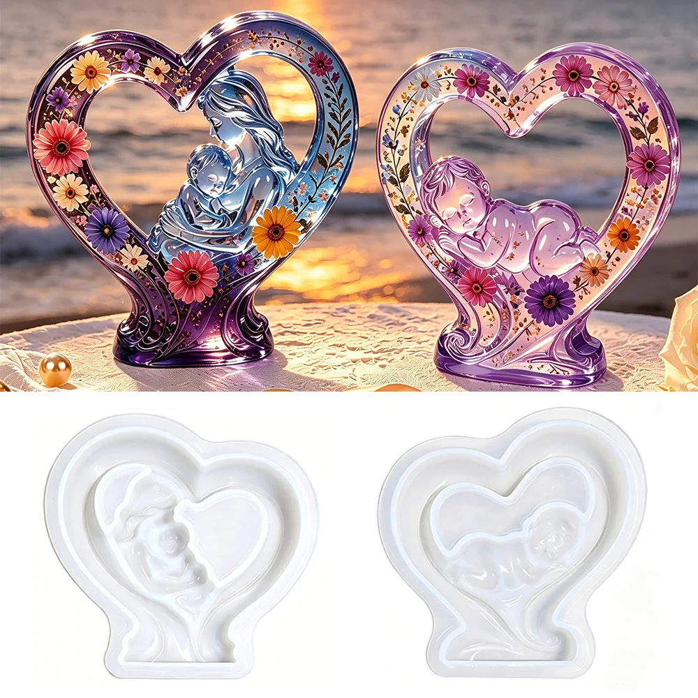 Loving Mother and Child Silicone Mold DIY Epoxy Mom Baby Candle Mold Heart Shaped Aromatherapy Plaster Home Ornament Decoration