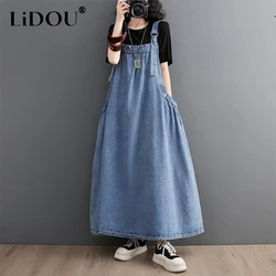 Summer Autumn Loose Casual Fashion Denim Slip Dress Ladies Sleeveless Harajuku Y2K All-match Pocket A-line Robe Women Vestidos