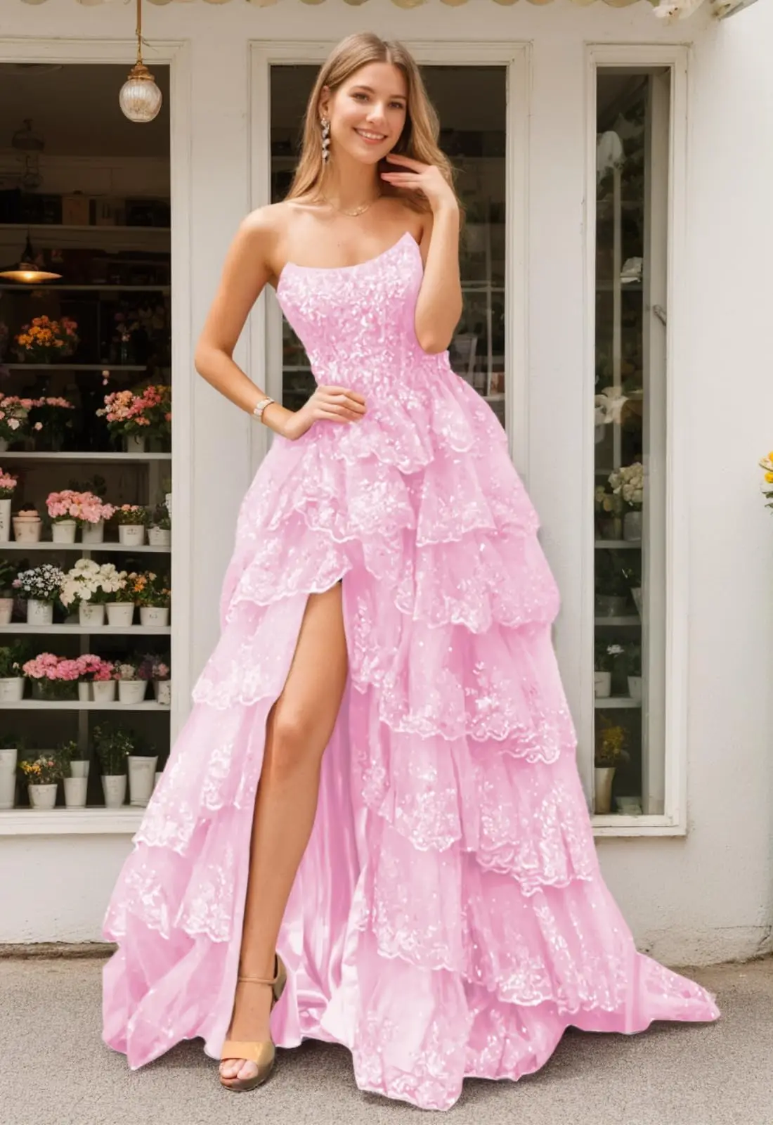 Abito da ballo a strati in tulle di pizzo senza spalline personalizzato con paillettes scintillanti con abiti da damigella d'onore con spacco Abiti da sera formali con corsetto