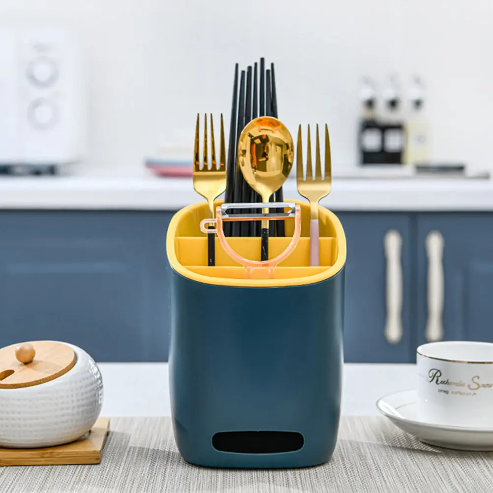 1Pcs Modern Dark Blue Chopsticks Holder Kitchen Utensil Storage Rack with Drainage Ventilation Partition Design Multifunctional