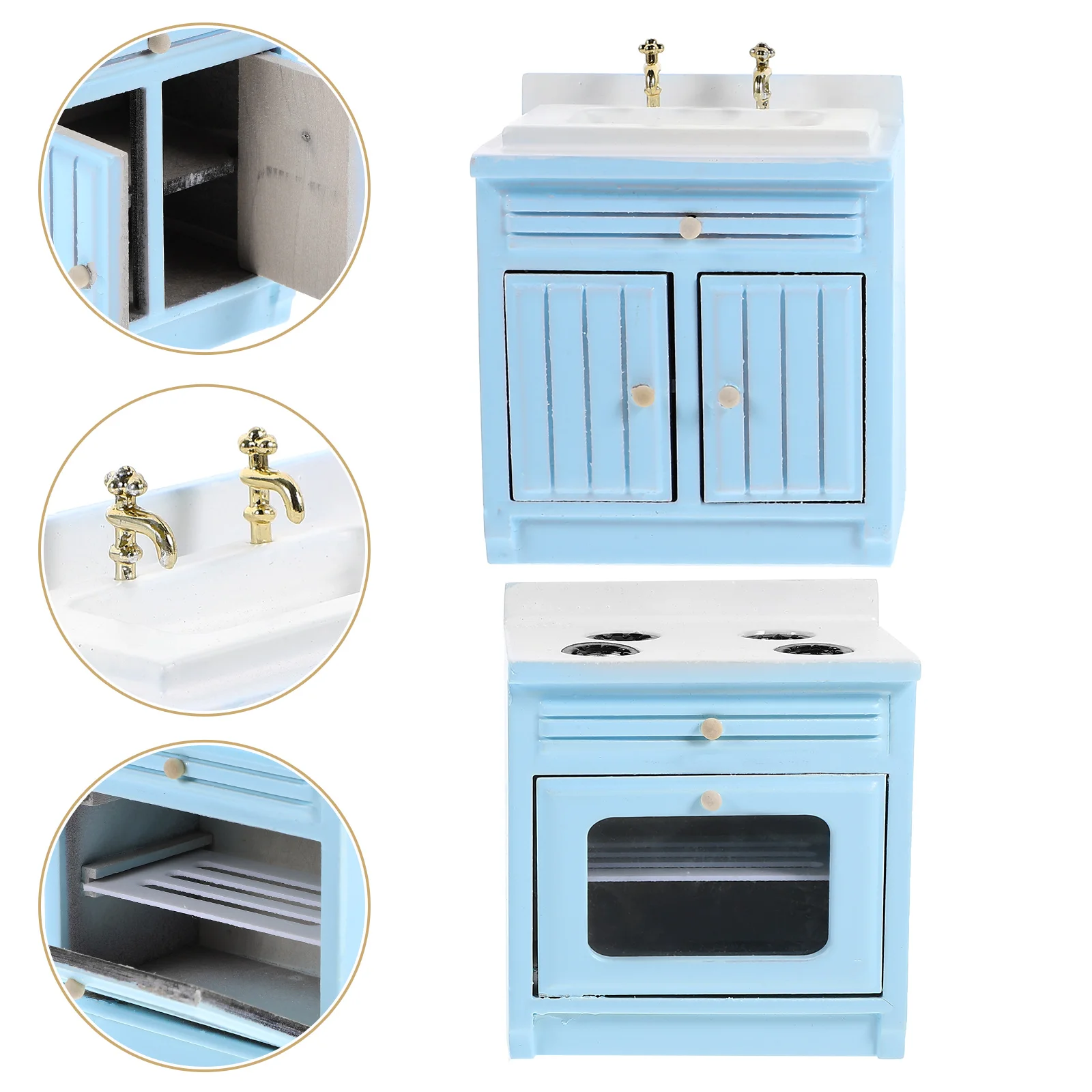 รางน้ํามินิอุปกรณ์ครัวเฟอร์นิเจอร์บ้านรุ่นตกแต่ง 1/12 Scale Dollhouse Sky-Blue เตา PROP ฉาก