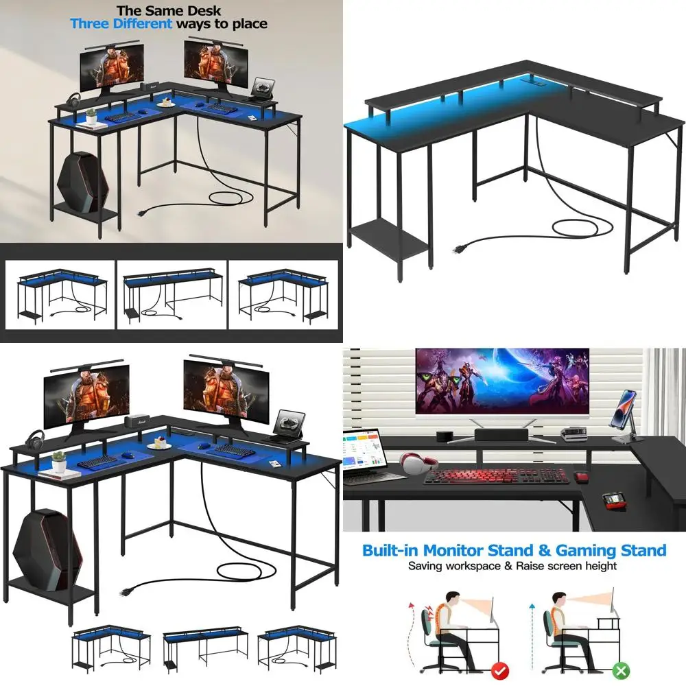 

Игровой L-образный стол с LED-подсветкой, 53,5 дюйма, с розетками и USB-портами, реверсивный, для домашнего офиса