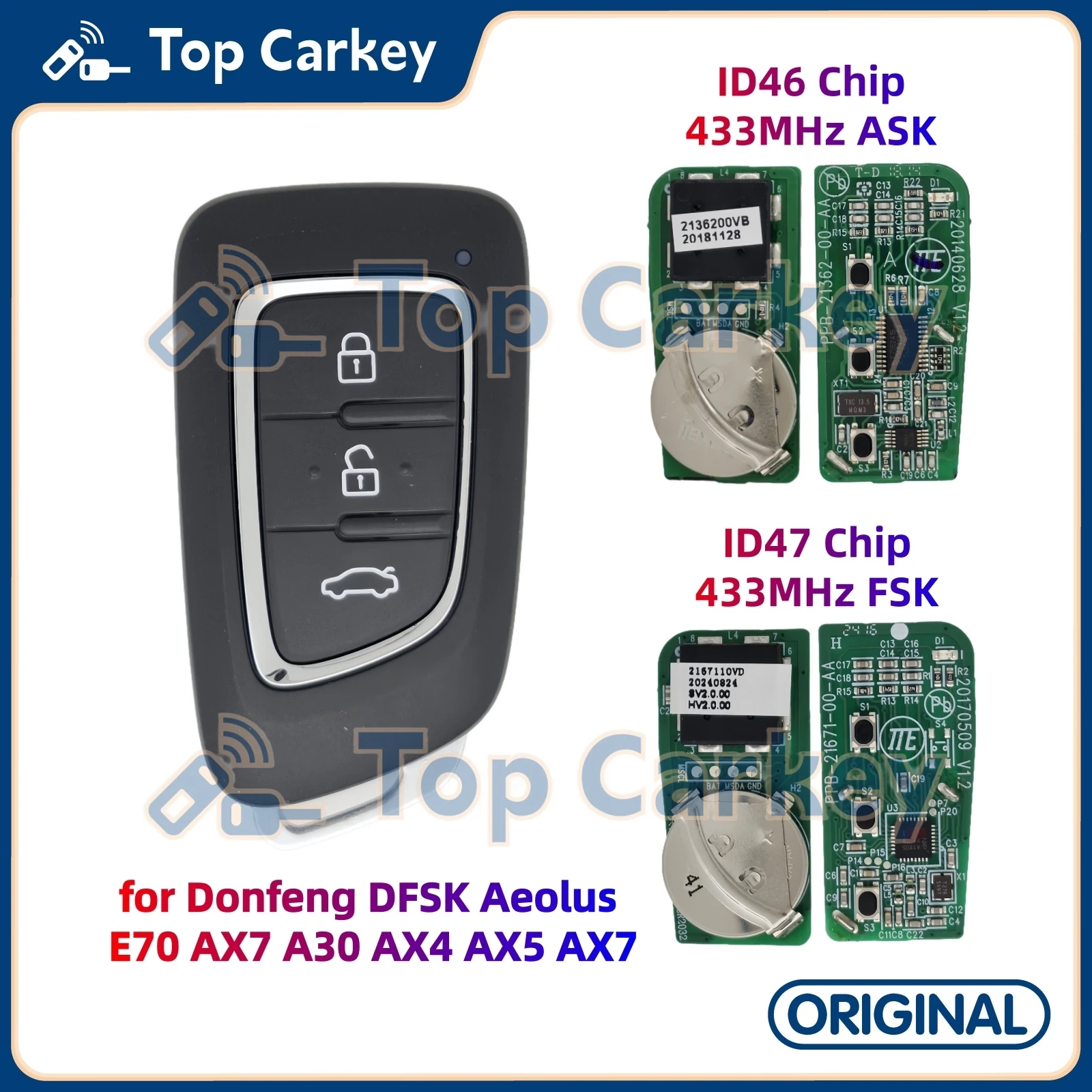 

TopCarkey Original Smart Remote Key ID46 ID47 Chip 433MHz for Dongfeng DFSK Aeolus E70 AX7 A30 AX4 AX5 AX7