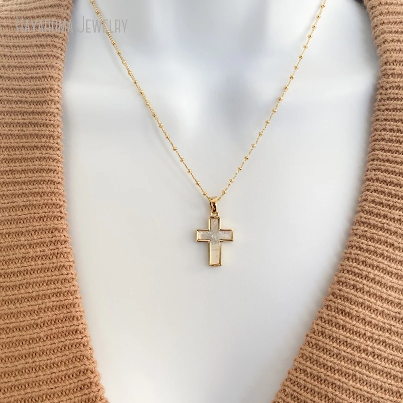 10Pcs Mother Of Pearl Cross Necklace Gold Color Cross Necklace Cross For Women Jewelry Catholic Religious Gift