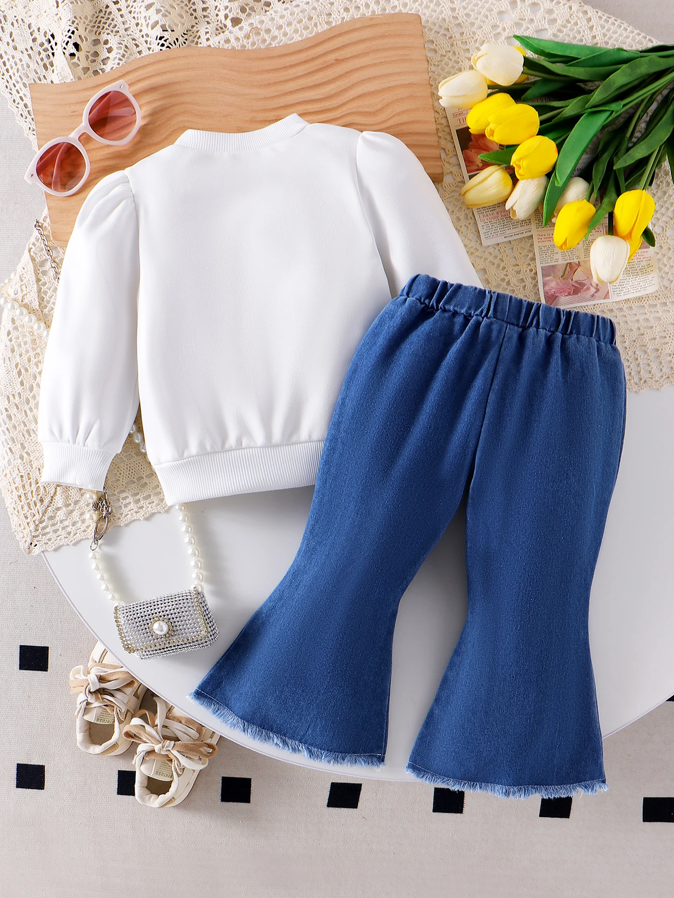 2CPS Autumn New Style For Girls And Babies Daily Sweet Bubble Sleeves Girl Pattern Top + Denim Flared Trousers
