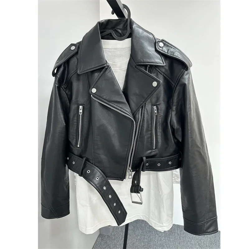 

2024 Women's washed leather jacket with belt, short coat with downgraded zipper and vintage lapel, e jacket