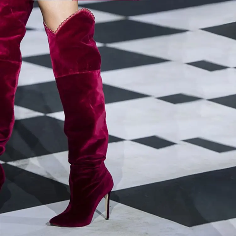 Burgundy Stiletto Velvet Over The Knee Boots Women's Pointed Toe Heeled Thigh Boots Suede Wrinkles Loose Women Fashion Shoes