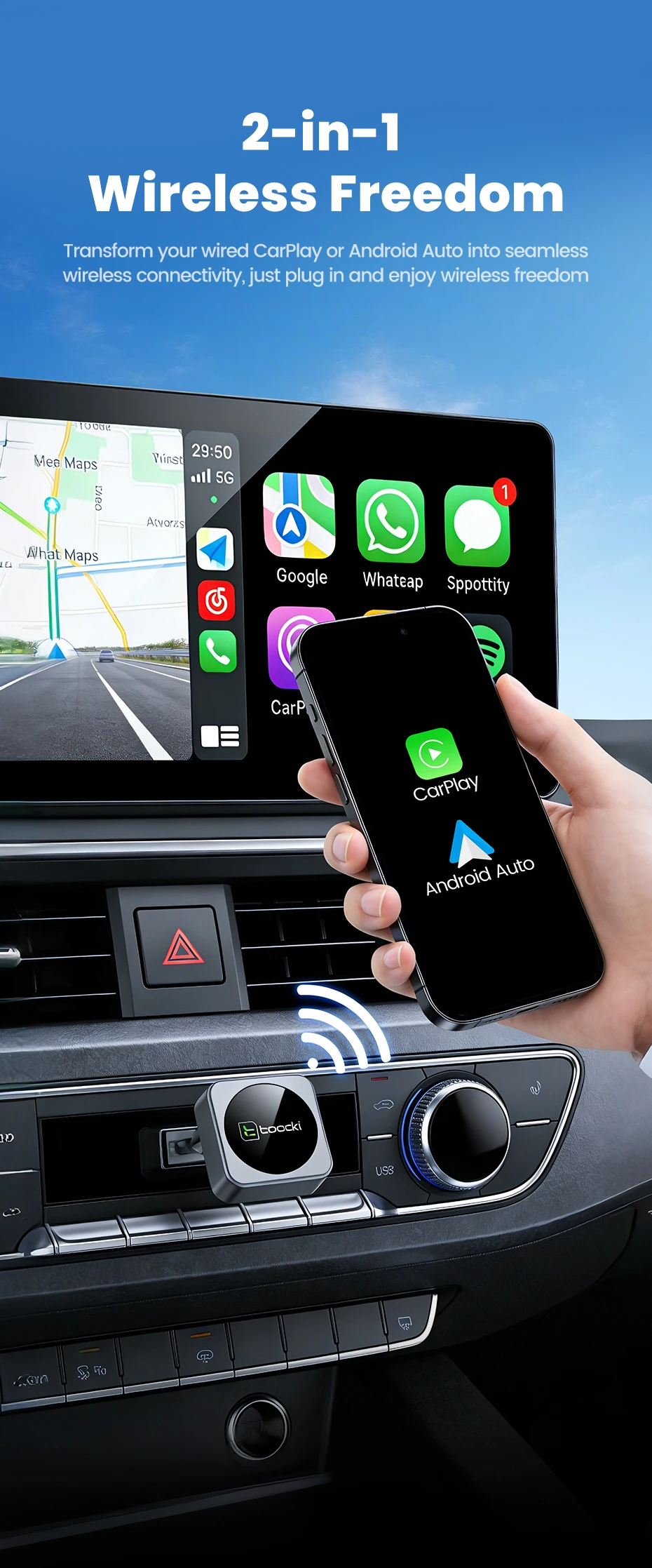 Toocki 2-in-1 Kabelloser CarPlay & Android Auto Adapter BT 5.3 WiFi 5G 2.4G Plug & Play USB-C für iPhone Android Auto mit kabelgebundenem CarPlay – Detail 3