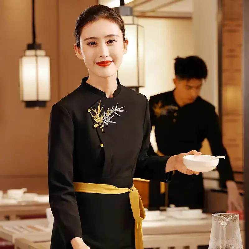 2024 Spring/Autumn Chinese Restaurant Waiter Working Clothes Hotel Hotpot Long-sleeved Woman Black Top and Pants Overalls