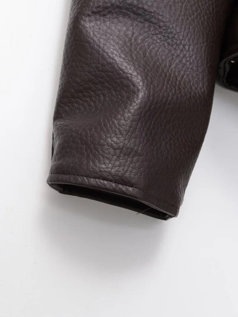 ETJ Damen PU-Leder Vintage Wickeljacke mit Gürtel, hochgeschlossener Kurzmantel, Frühjahr 2026, minimalistische Retro-Urban-Mode-Oberbekleidung – Detail 12