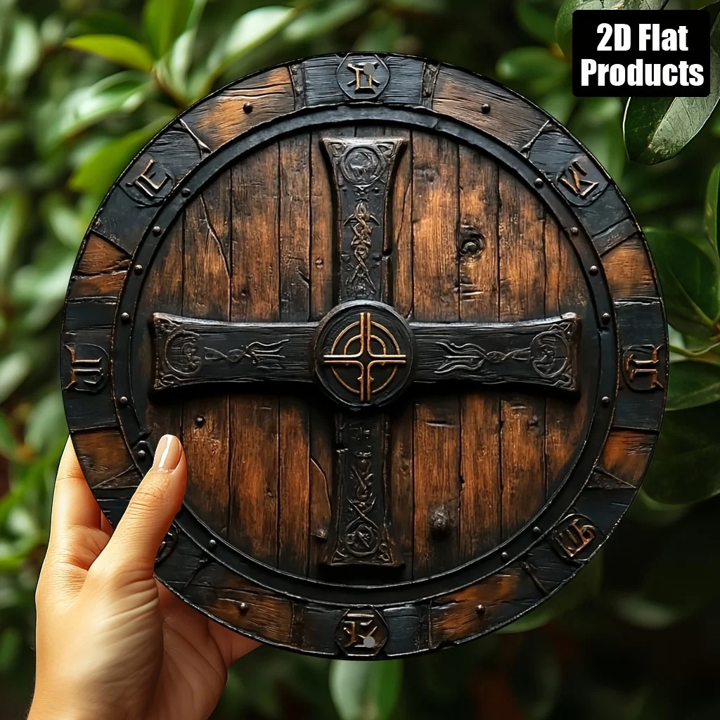 2D Flat, 1pc Viking Shield-Themed Round Aluminum Metal Wall Art, 20.32x20.32 cm - Vintage Nordic Design with Intricate Patterns,