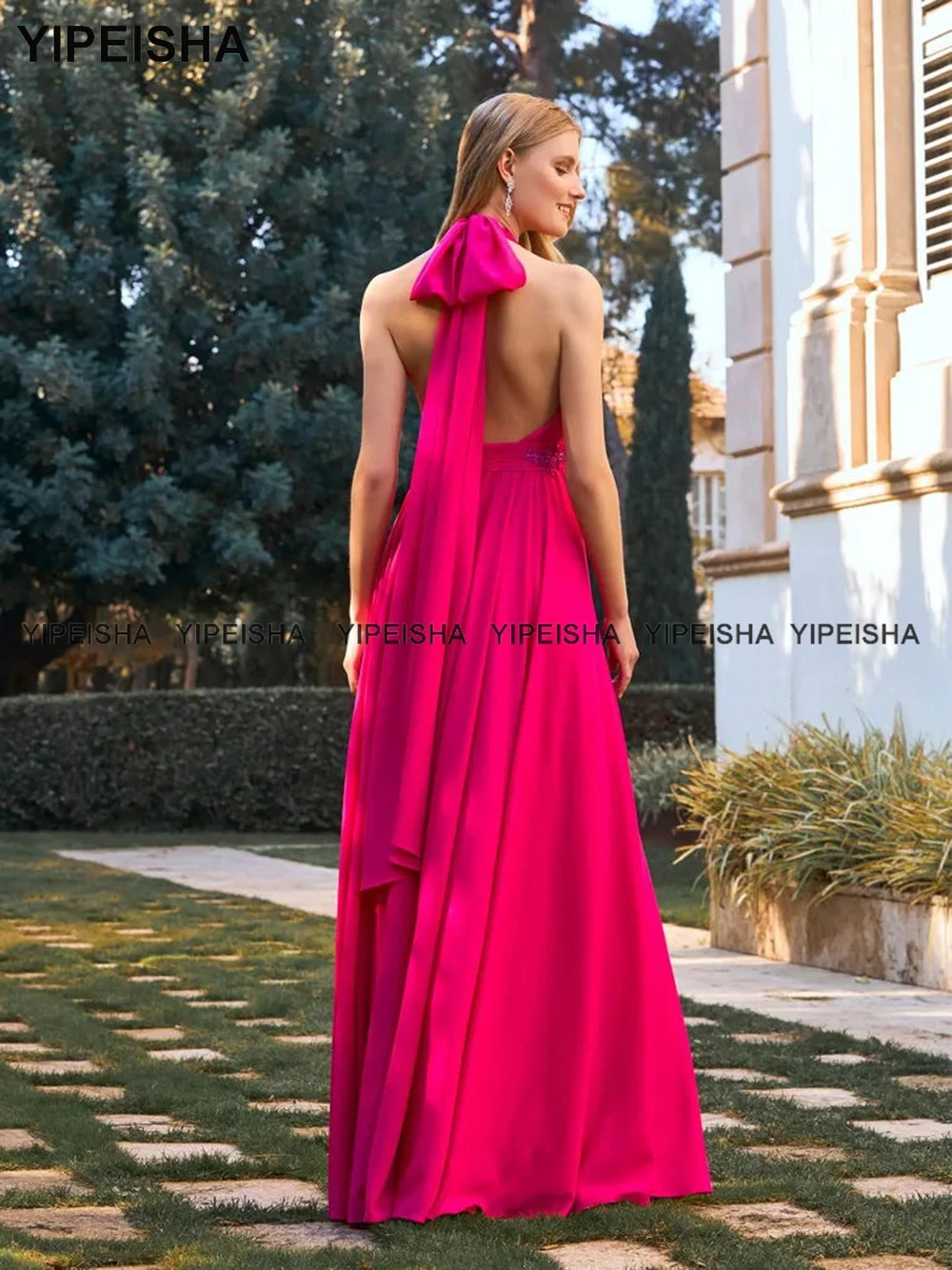 Yipeisha Sexy Halter Fuchsia Evening Gown Backless Pleated Prom Dress Long Chiffon Wedding Party Dresses Robe de Soiree