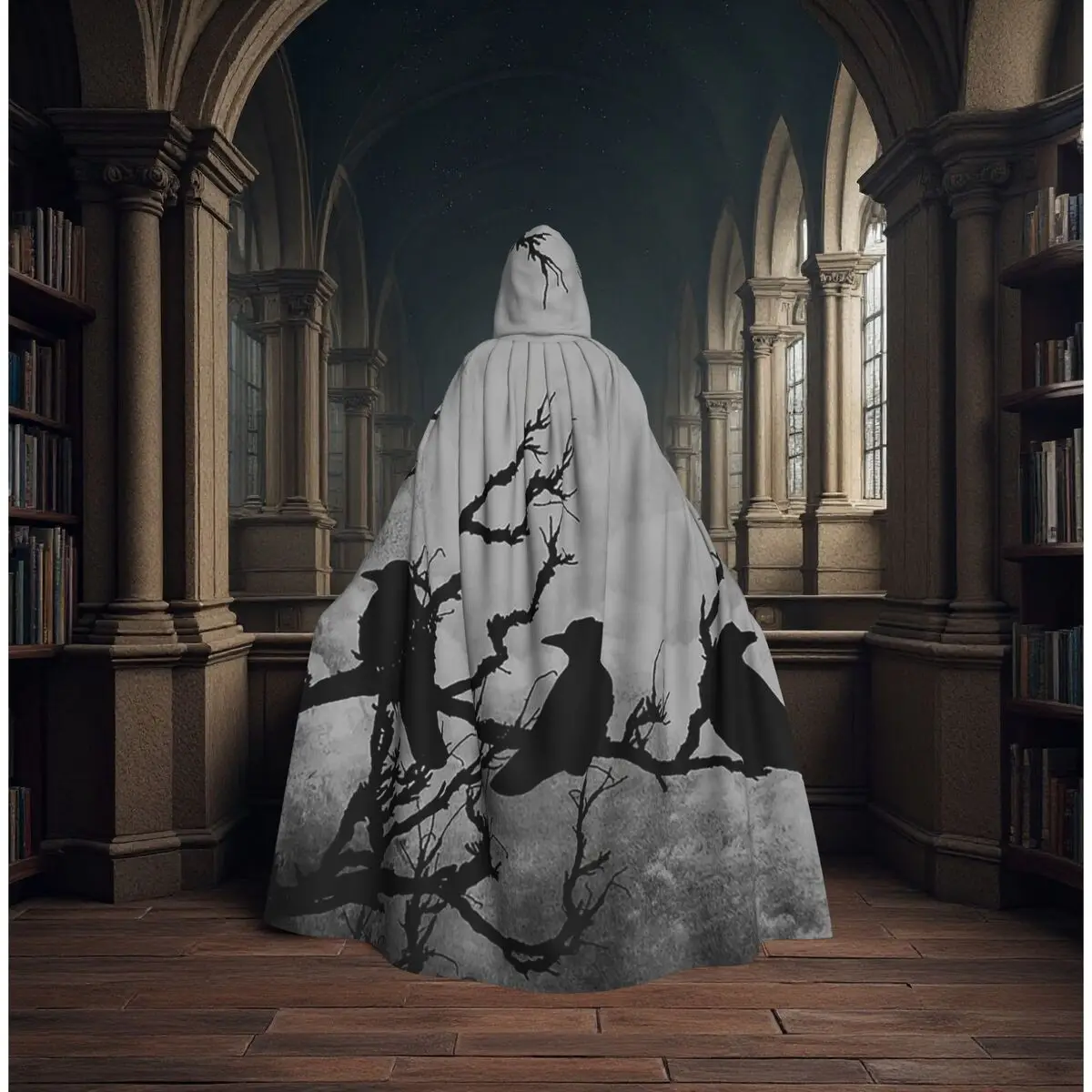 

Raven Crows Birds On Branch Stormy Sky Gothic Long Hooded Cloak Witch Medieval Costume Cosplay Cape HalloweenParty Adult Unisex
