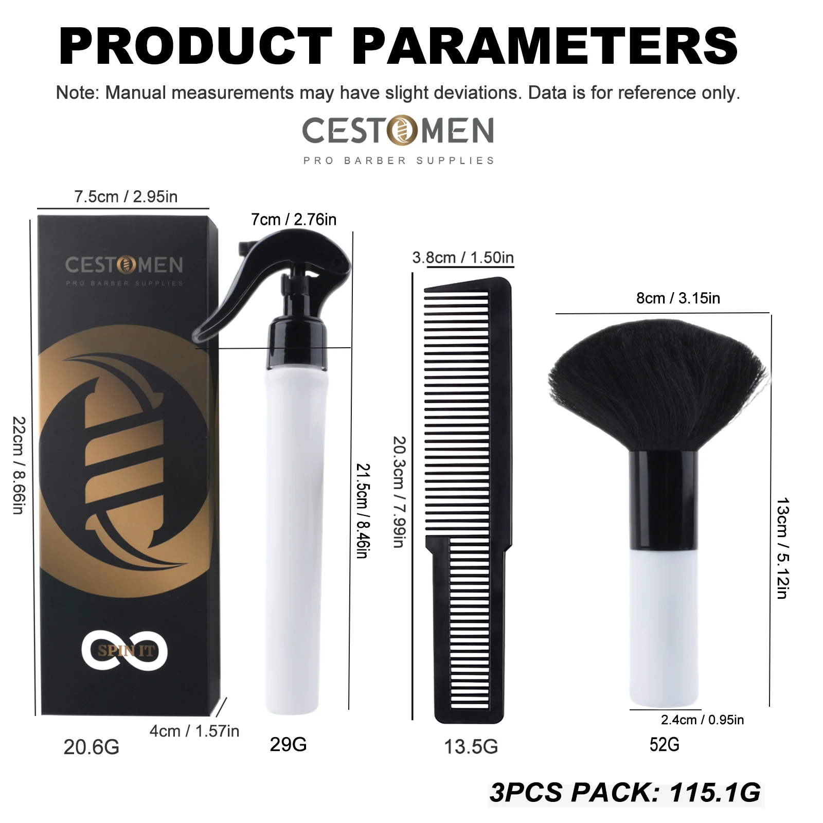 3Pcs Professional Barber Styling Tools Kit With Fine Mist Sprayer Bottle Anti-static Haircut Comb Neck Duster Cleaning Brushes view 6