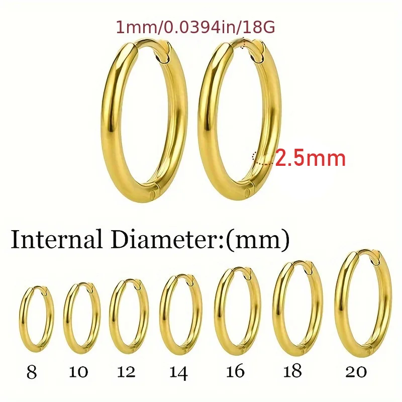 1 Paar 8-20mm Trendige Kleine Creolen für Damen/Herren Zierliche Runde Edelstahl-Ohrclips Piercing-Schmuck – Detail 1