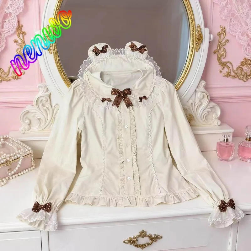 

Japanese Kawaii Long Sleeve Cute Lace Blouse Japanese Style Sweet Cute Shirts Girl Lolita Bow Casual Aesthetic Shirt Woman Chic