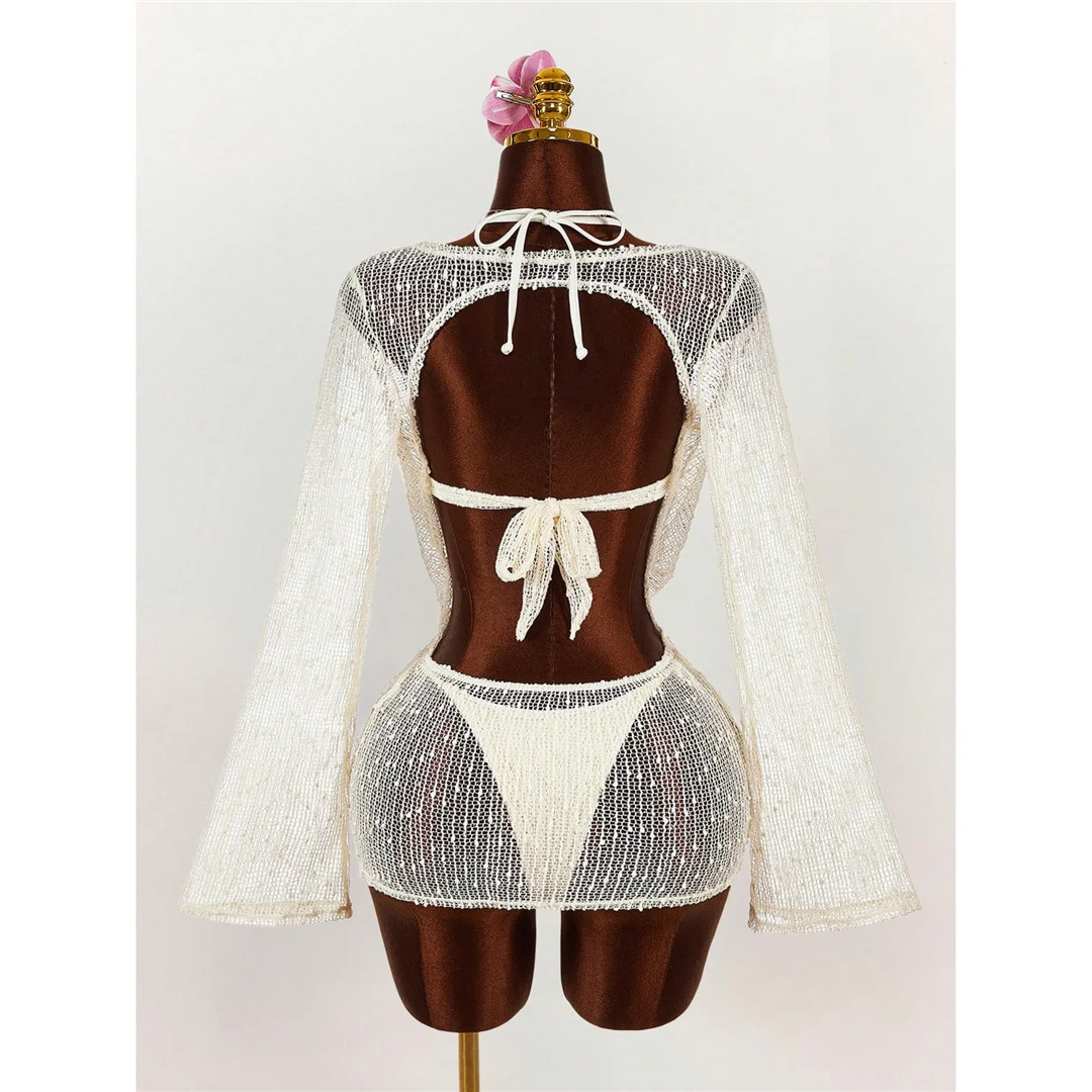 Mit langen Ärmeln, als Überwurf, Neckholder-Bikini, Damen-Badeanzug, dreiteiliges Bikini-Set, Badebekleidung, Badeanzug, Modell V8397. – Detail 6