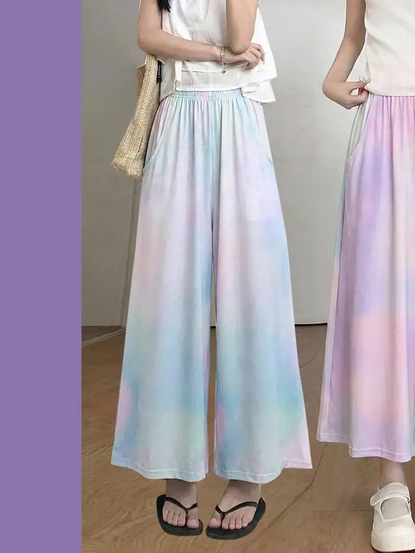 

Girls Tie Dye Wide Leg Pants Comfortable Nine Point Straight Cut Korean Style Children's Clothing Cotton Natural Waist Trousers