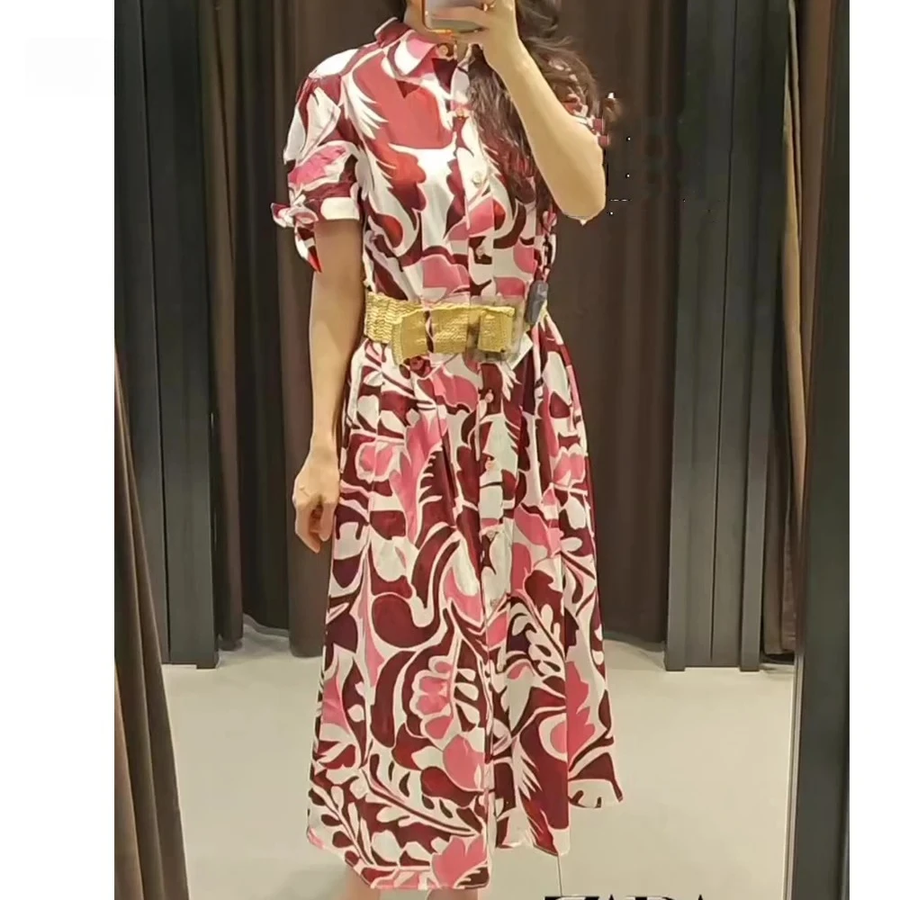 Kondala vintage floral vermelho faixas mulher vestido casual férias bohe vestido de manga curta moda 2025 verão mujer cinto vestido