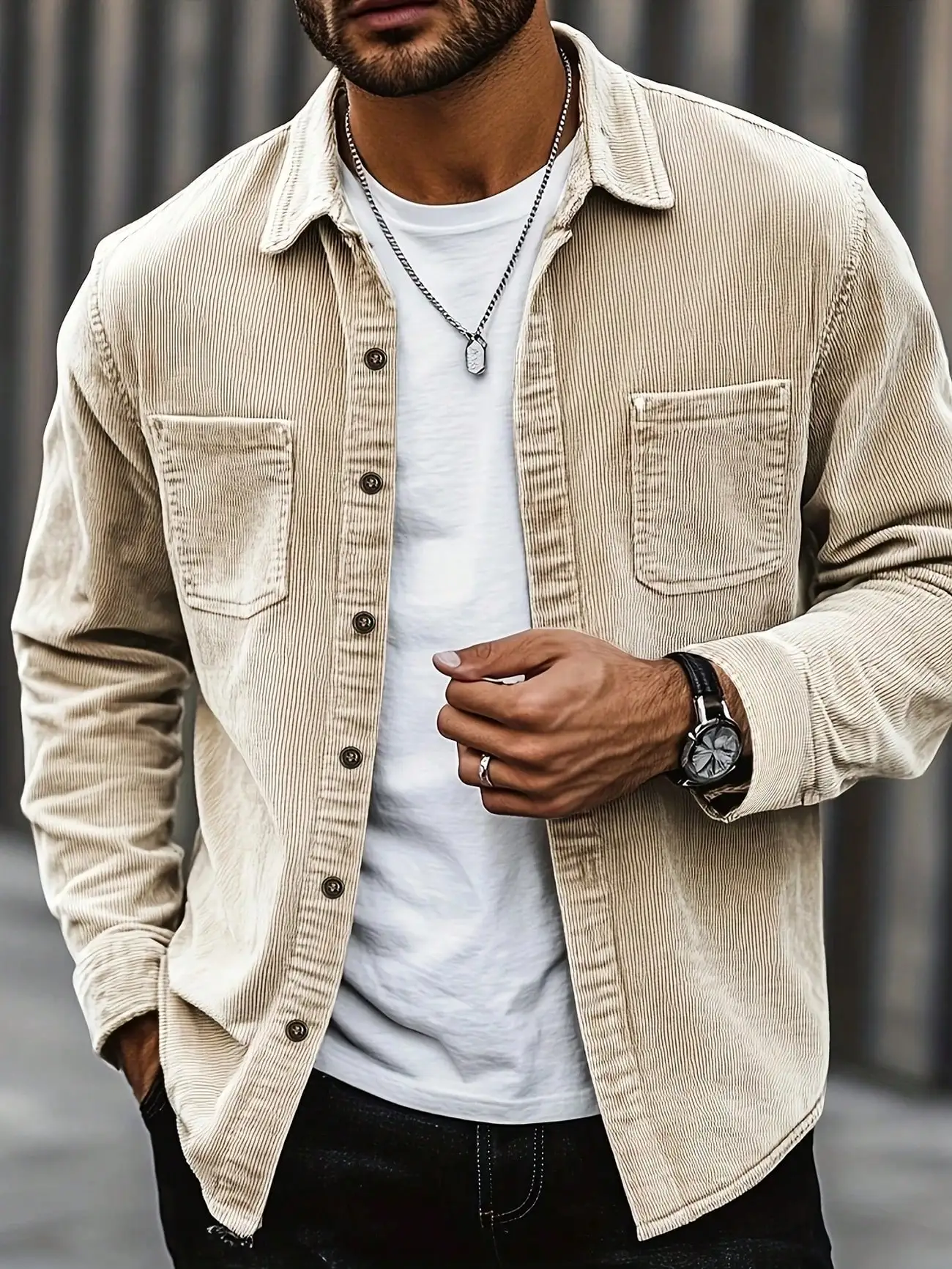 

Men's Beige Corduroy Long Sleeve Shirt Jacket with Button Front and Patch Pockets