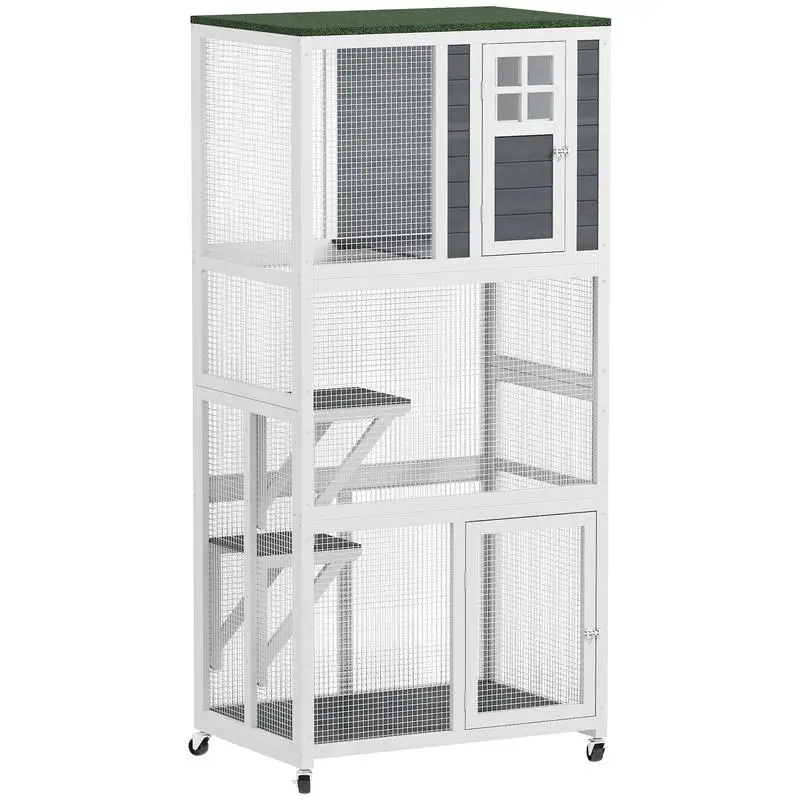 

PawHut 74" Wooden Catio Outdoor Cat Enclosure Weatherproof & Wheeled, Outside Cat House with High Weight Capacity, Kitten Cage Condo, White