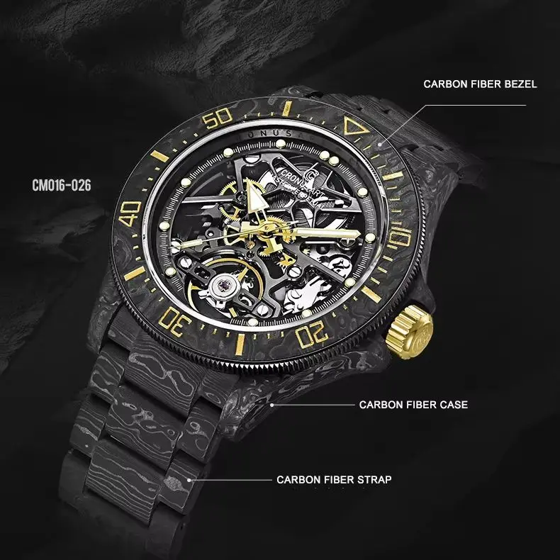 

CRONUSART Мужские автоматические часы 42 мм Механические наручные часы Корпус и ремешок из углеродного волокна Светящийся сапфировый скелетонизированный циферблат