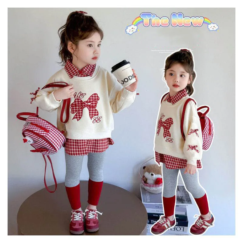 

Осенний детский комплект одежды из двух предметов для девочек, хлопковый клетчатый свитшот-поло из двух предметов с бантом, костюмы, свободные леггинсы, наряды