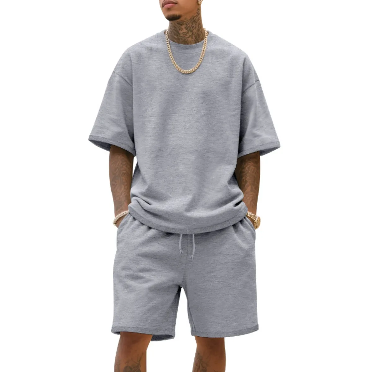 2025 100% algodão masculino verão estilo americano solto high street hip-hop esporte conjunto de manga curta com shorts