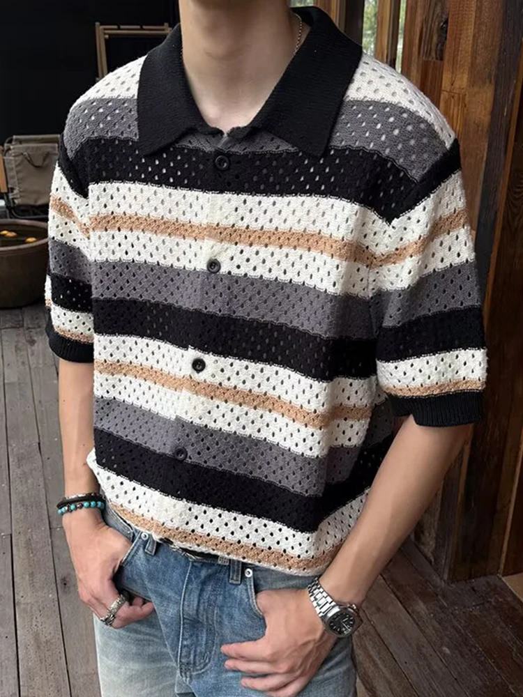 

Vintage Men's Striped Knit Shirt Spring Summer Fashionable Hollow Out Knitted Cardigans Mens Outdoor Casual Short Sleeve Shirts
