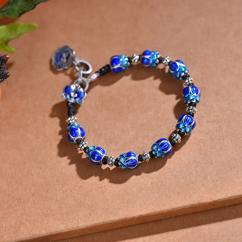 925 Silver Blue Enamel Charm Bracelet for Women Creative Exquisite Lotus Vintage Braided Bangles New in Originality Jewelry Gift