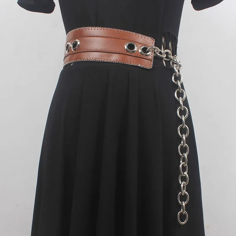 Women's Fashion PU Leather Punk Chain Cummerbunds Female Dress Corsets Waistband Belts Decoration Wide Belt R516