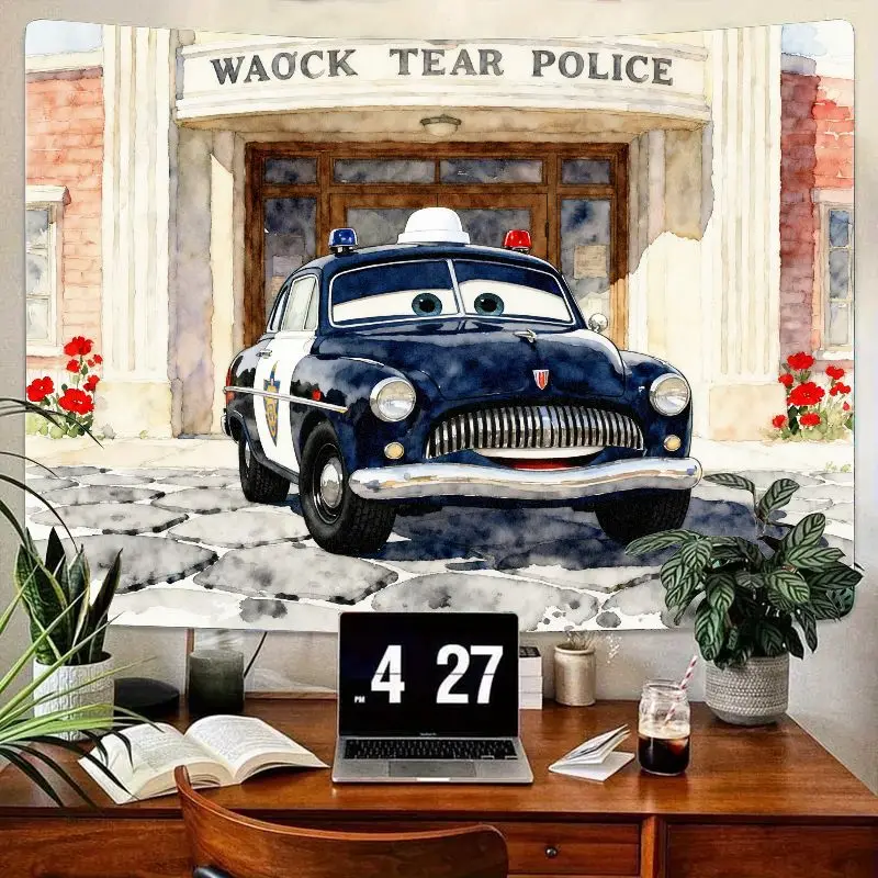 

1 шт. забавный гобелен с мультяшным полицейским автомобилем, акварельный настенный художественный декор для детской комнаты мальчиков, винтажная автосценка полицейского участка, спальня в общежитии
