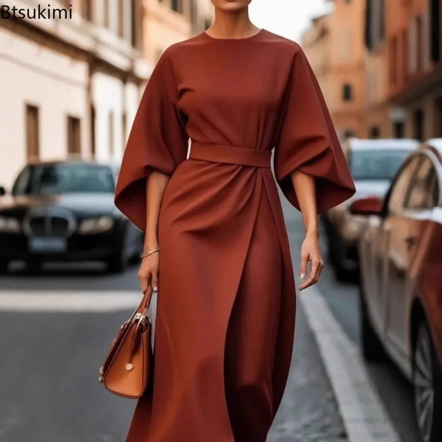 

2025 Women Spring Summer Fashionable Temperament Elegant Solid Color Waist Slimming High Waist Casual Batwing Sleeve Long Skirt