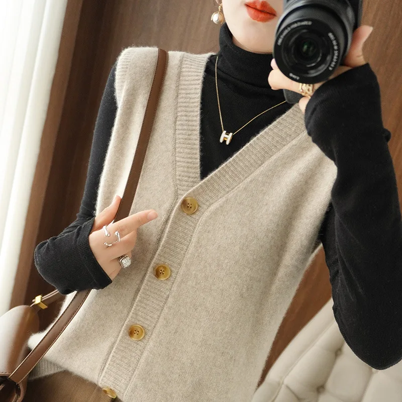 

Sleeveless Knitted Sweaters Vest Women Spring Autumn Solid Color Single-Breasted Loose Cardigan Coats Korean All Match Outerwear