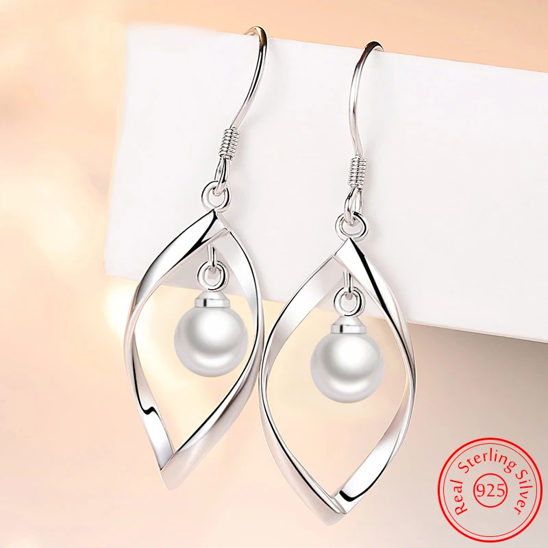 Real 925 Sterling Silver Women's Fashion Jewelry New Hollow Leaf Pearl Drop Earrings XY0027