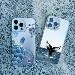 Ocean Animal Cute Dolphin Sea Turtle Sea Blue Phone Case For iPhone 11 12 13 Pro Max Mini 15 14 Pro Max 15 14 Plus Laser Covers