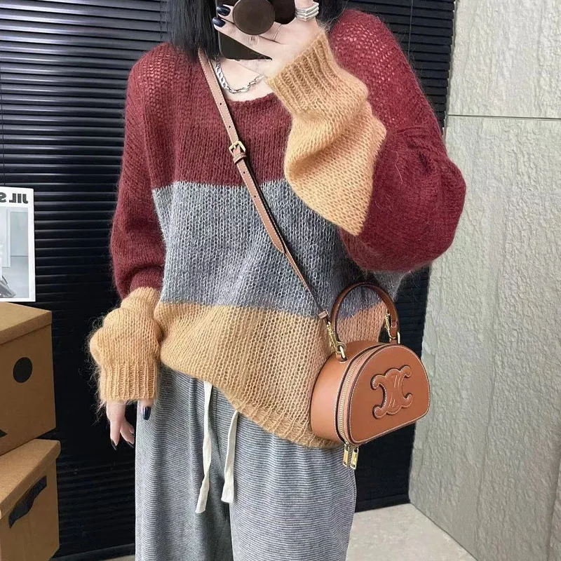 Female Loose Fashion Round Neck Striped Knitted Pullovers Autumn Winter Women's Clothing Long Sleeve All-match Patchwork Sweater