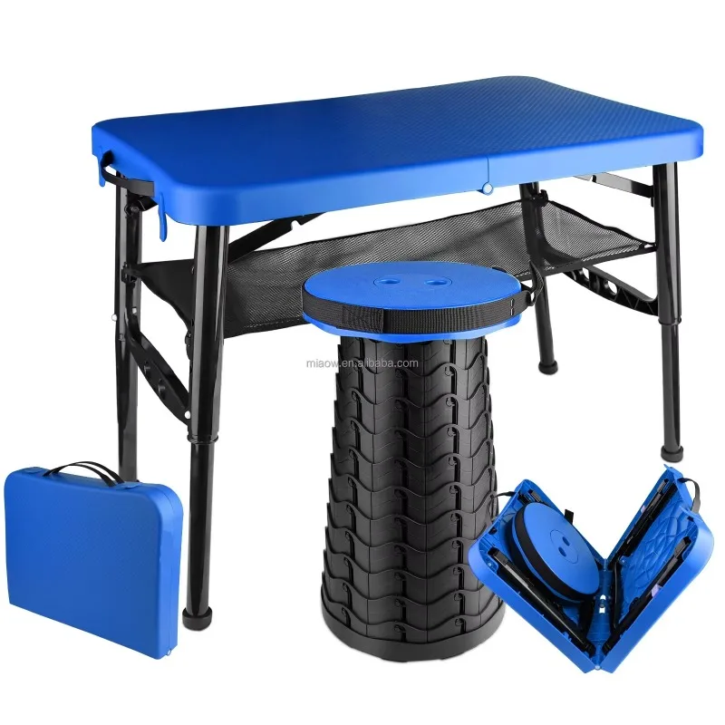 Rectangular portable plastic folding tables and stools for outdoor dining, outdoor furniture for use in kitchens