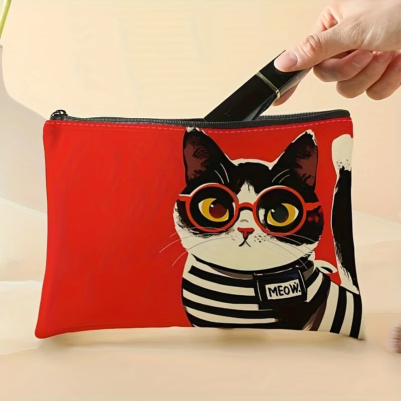 1 Piece Red Background Cat Pattern Makeup Bag with Glasses - Multifunctional Zipper Bag for Women, Jewelry Storage Bag, Perfect Travel Zipper Storage Bag, Fun Birthday Gift