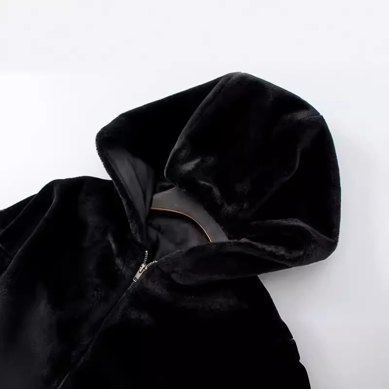 Autumn Winter Long-sleeved Slim-fitting Street Style Short High-waisted Fluffy Hooded Jacket Women's Fashion Textured Top