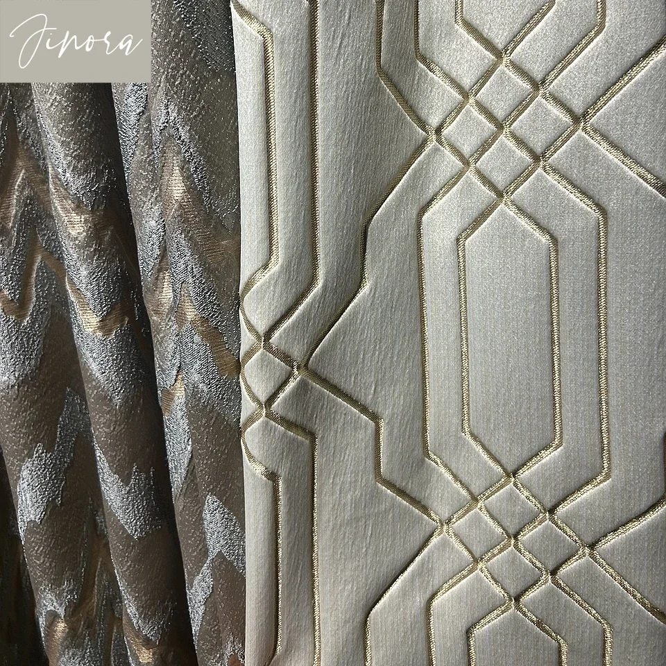 

Custom Embossed Jacquard Beige Champagne Landscape Lines Thickened Curtains For Living Room Bedroom French Window Balcony