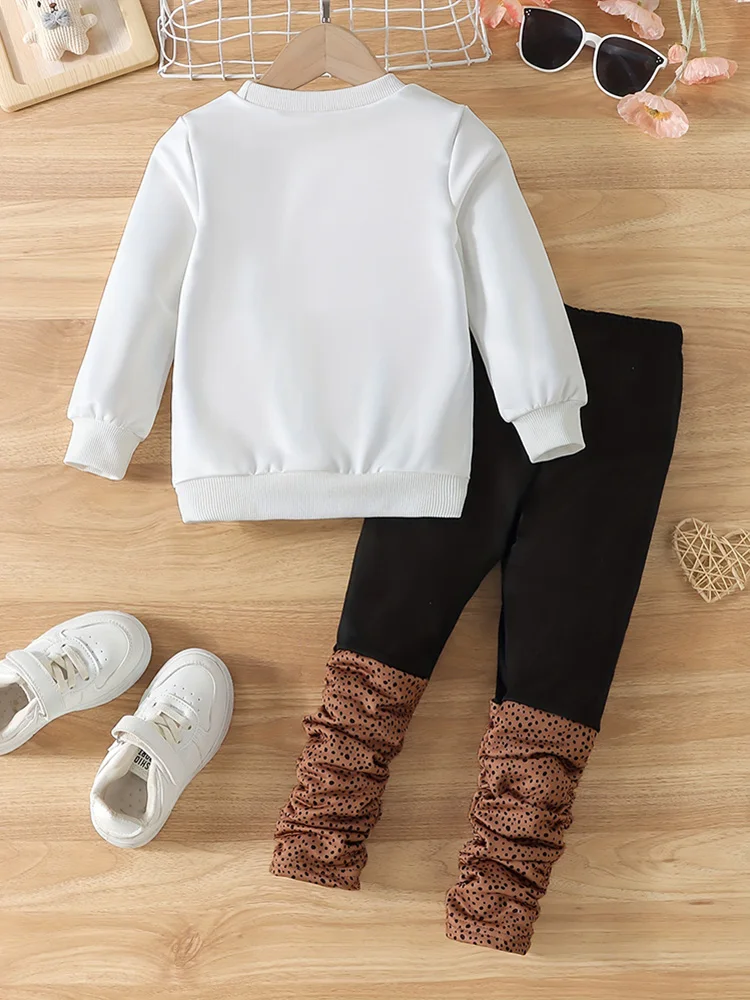 Two-piece set for girls in autum portrait print round neck long-sleeved sweatshirt pure color stitching pleated printed pants suit