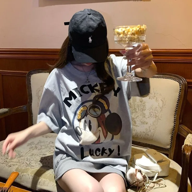 

Mickey Print Gray Cotton T-shirt Comfortable Versatile Fashion Short Sleeved Tees Women's Summer Loose Casual Trendy Tops