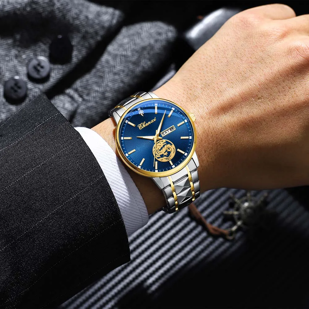 CHENXI Orologio da uomo di lusso Quadrante design drago Business Data Settimana Orologi da uomo al quarzo Orologio al quarzo impermeabile in acciaio inossidabile